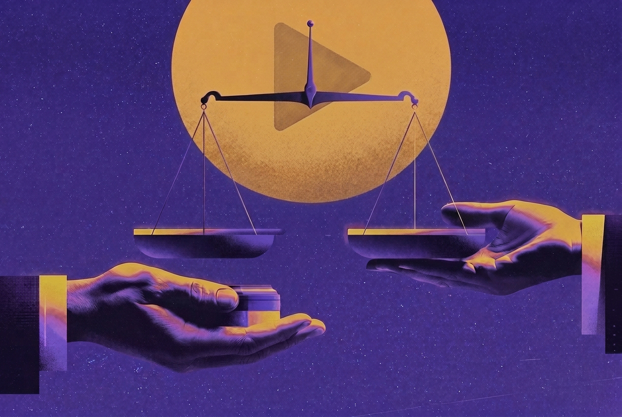 보라·금색 듀오톤의 편집 일러스트 — 별이 흩뿌려진 보랏빛 배경에 커다란 금빛 원을 두고 위쪽에 양팔저울이 떠 있으며, 아래에서 두 손이 저울의 두 접시를 향해 마주 뻗어 있고 왼손에는 작은 보상물이 놓여 있다